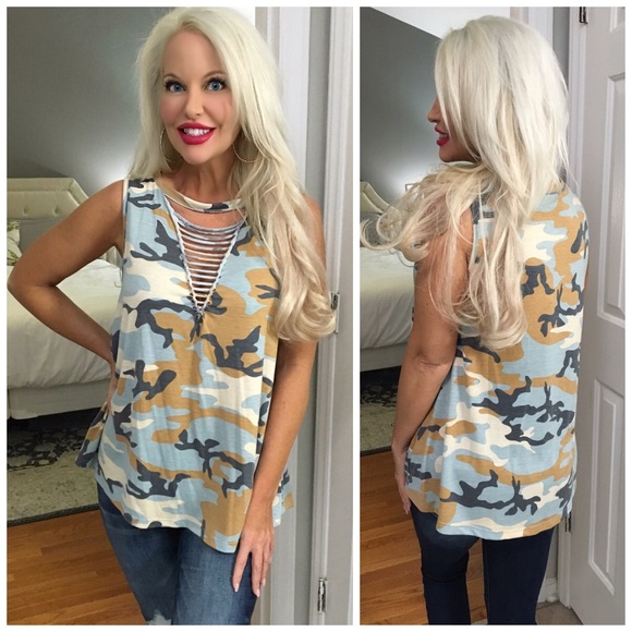 LAST ONE!!  💕Taupe and Blue camo strappy tunic! - Picture 2 of 2